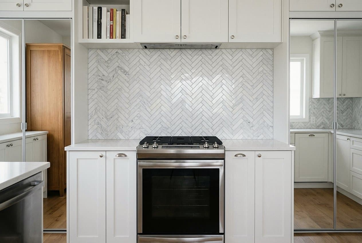 Marble herringbone backsplash behind a green range