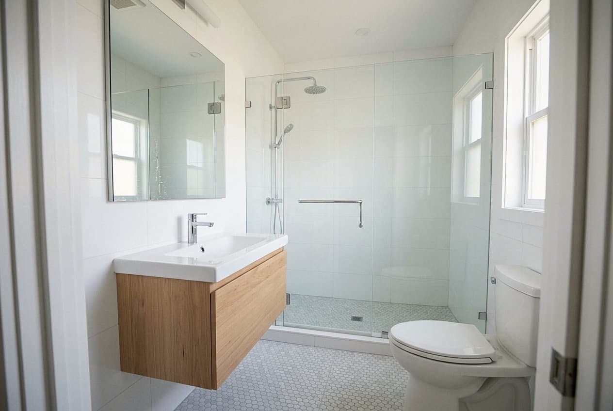 Bright remodeled bathroom with glass shower and floating vanity