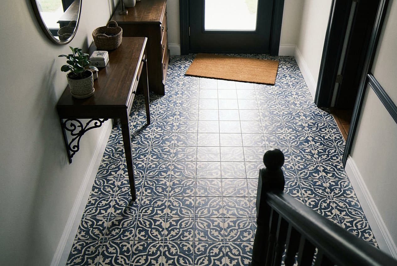 Patterned blue and white tile entryway floor