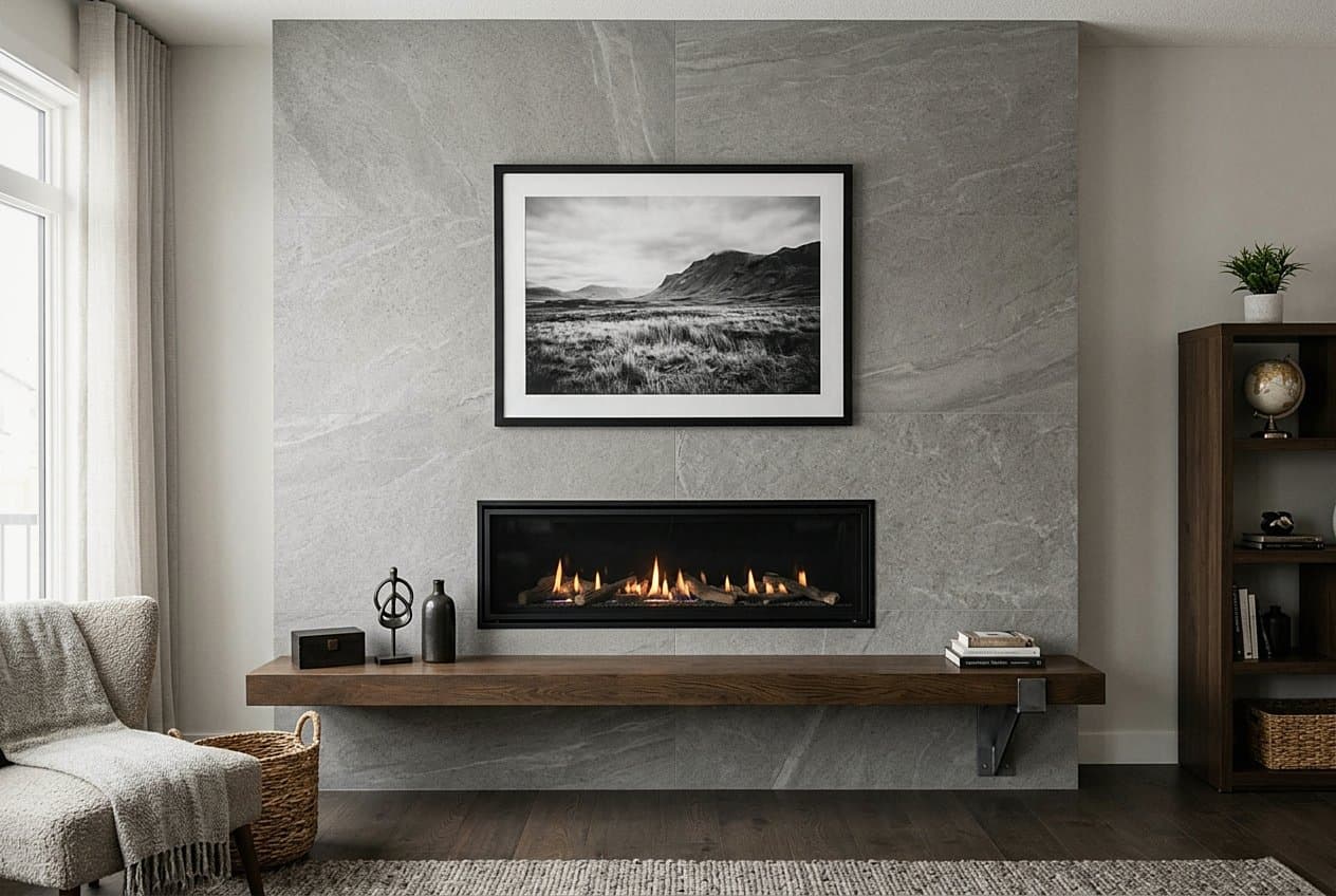 Modern gray stone tile fireplace wall with mantle