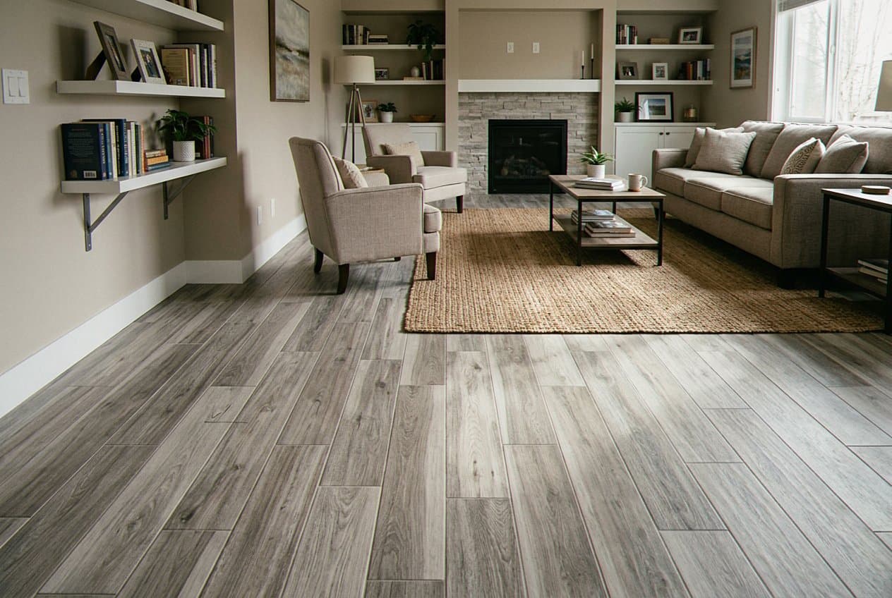 Finished living room floor in wood-look tile planks