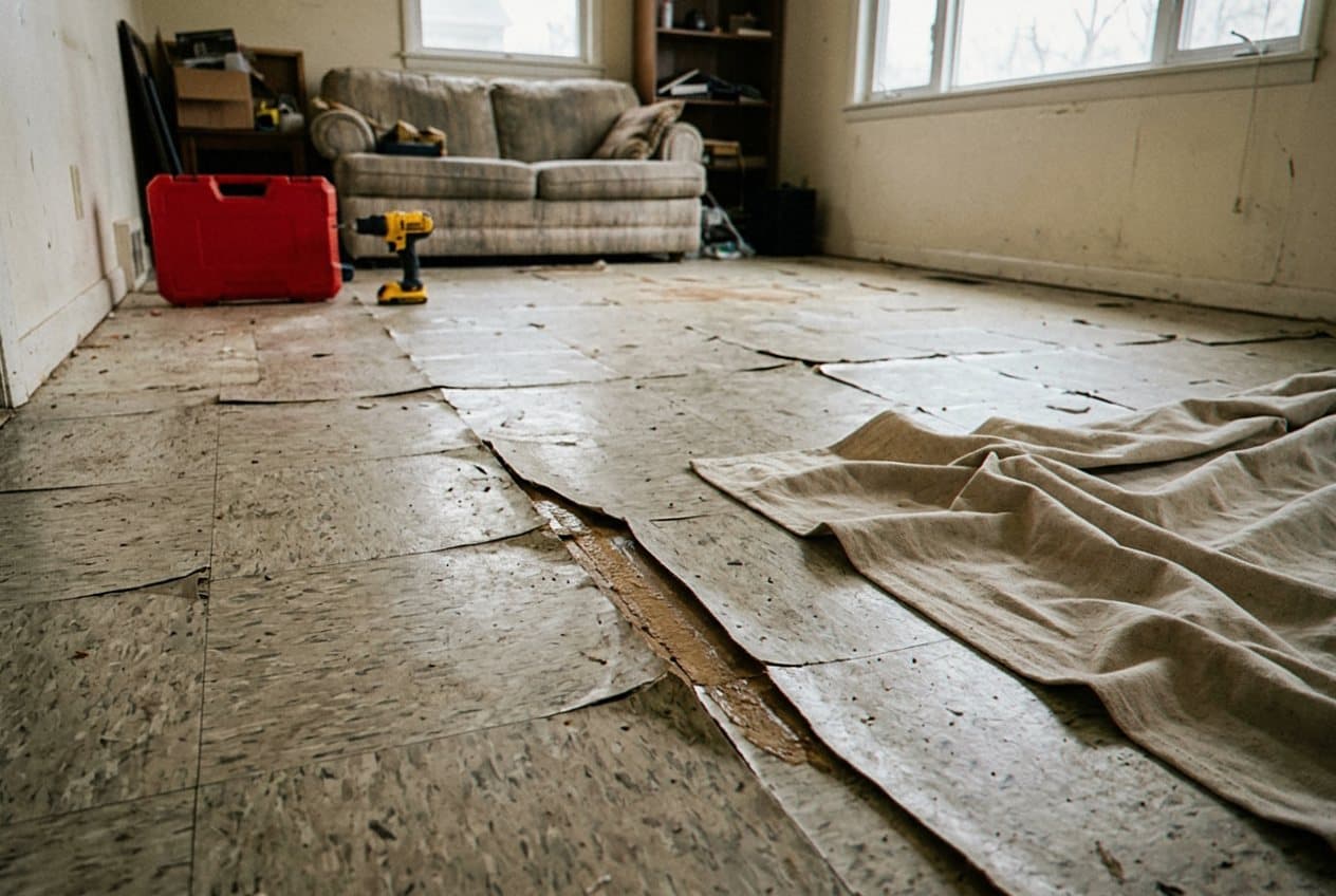 Torn-up old flooring before a tile installation