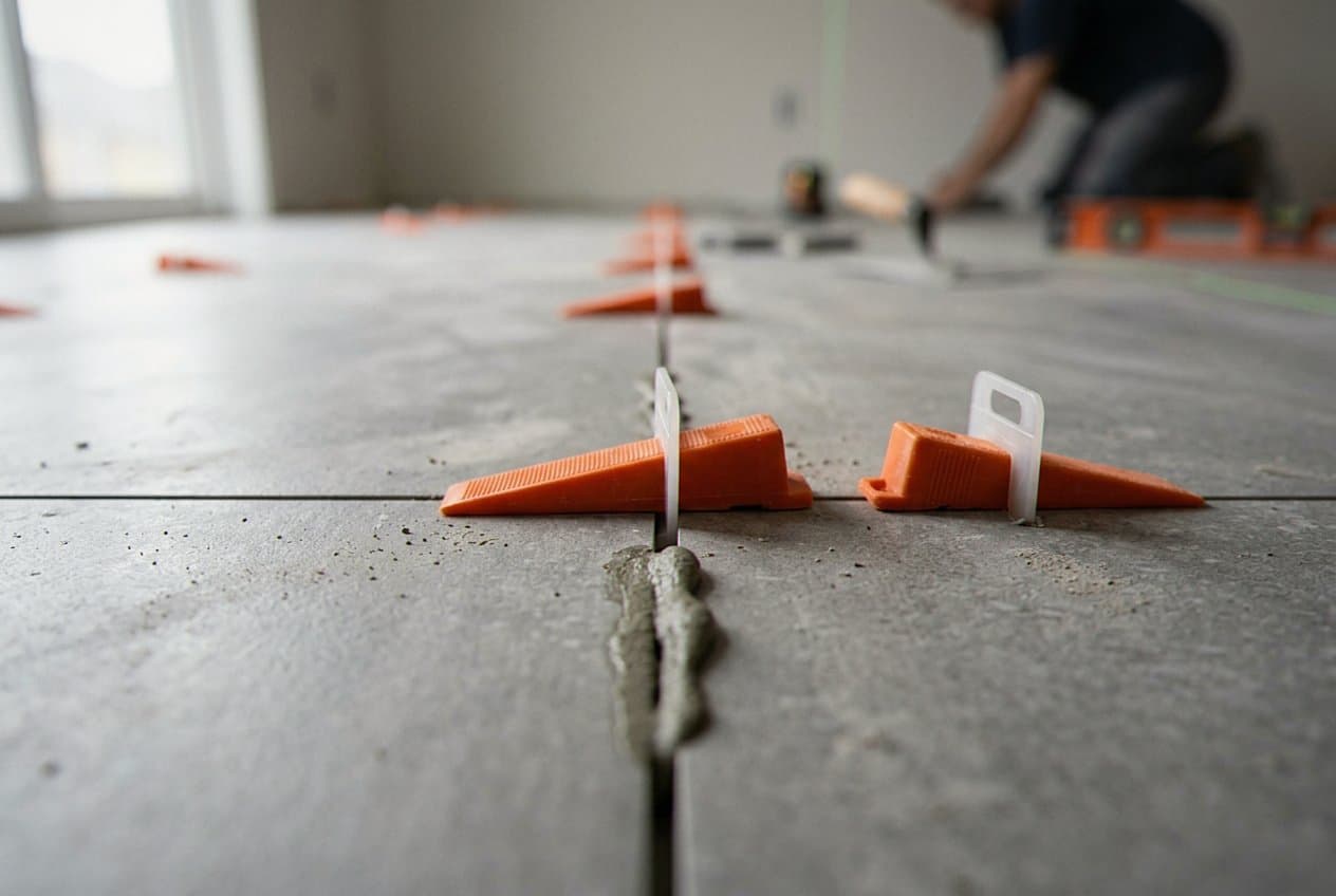 Orange tile leveling wedges on a new floor