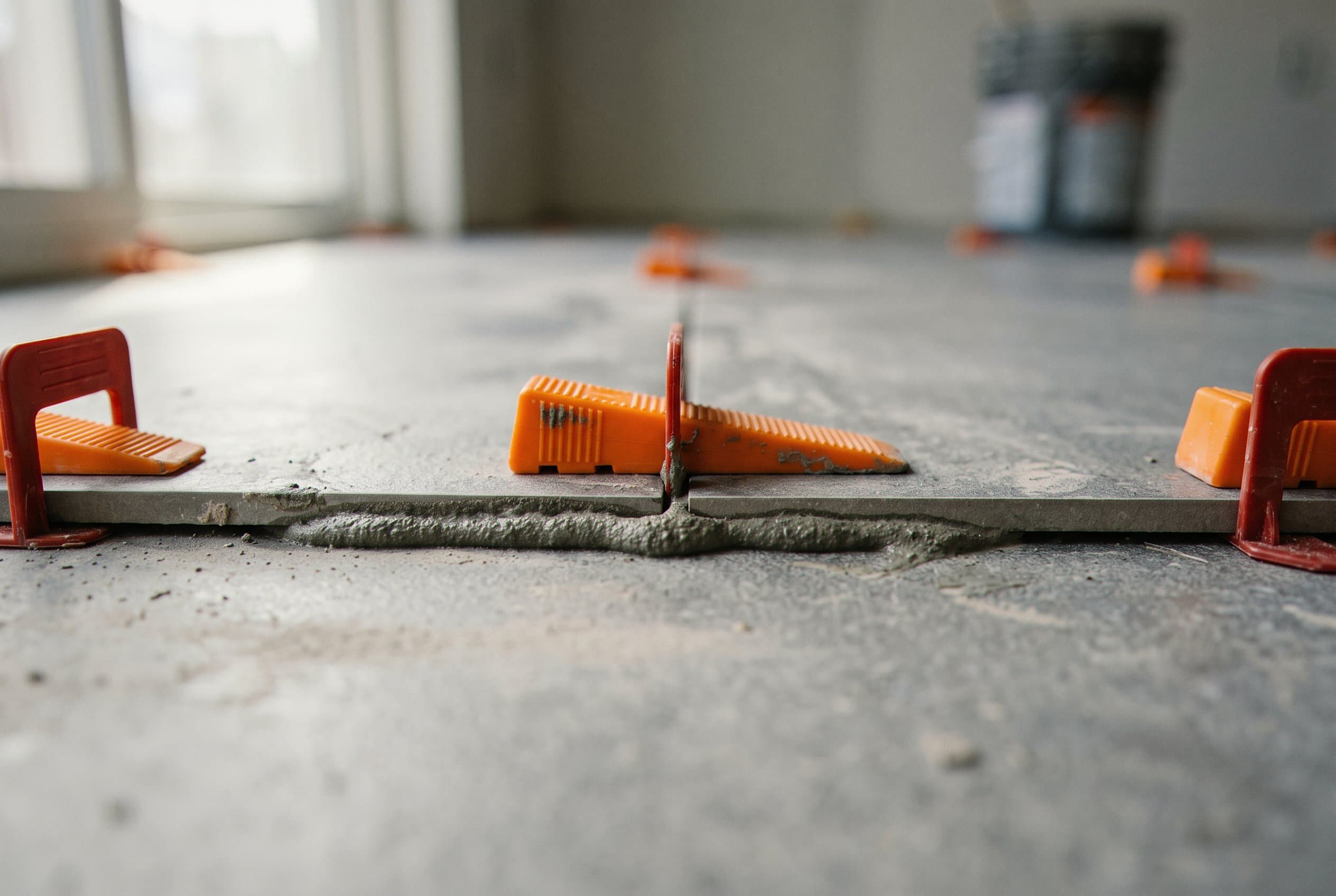 Tile leveling clips with mortar at a floor joint