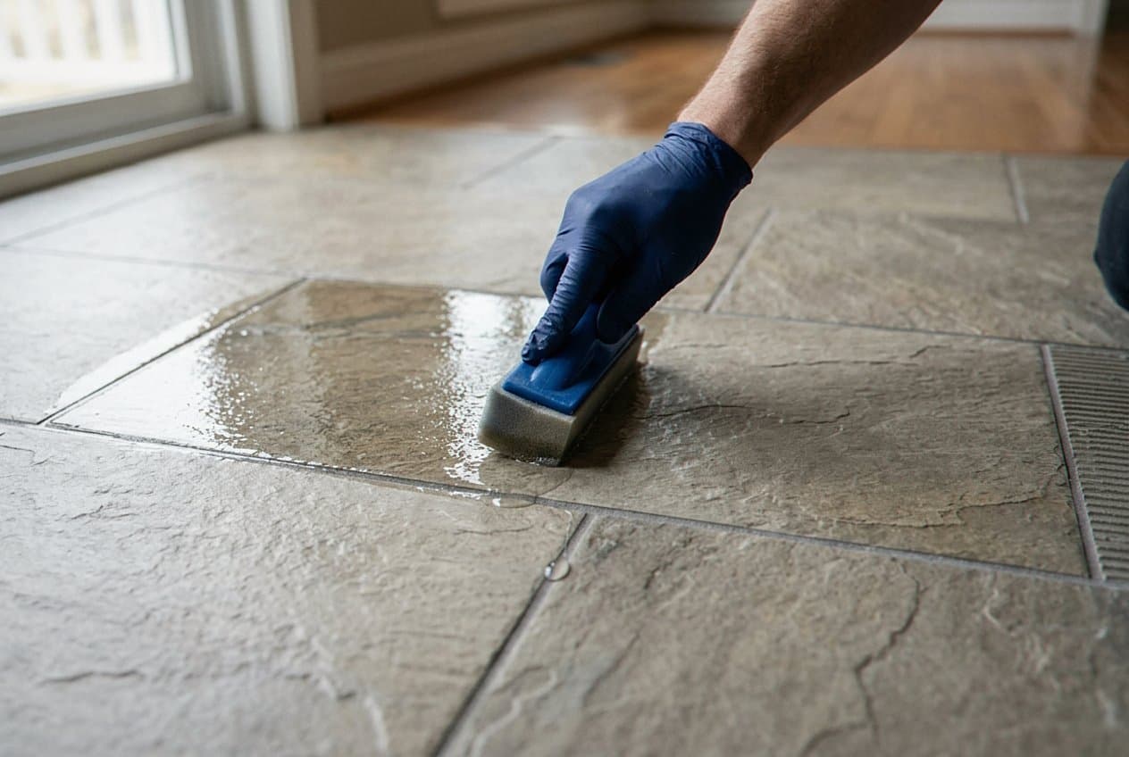 Applying sealer to stone-look tile near a patio door