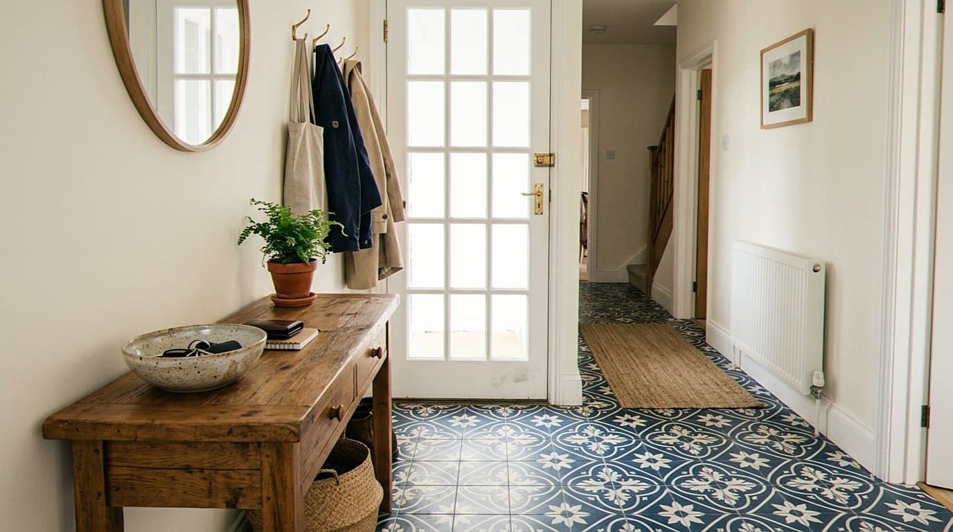 Entryway with patterned tile floor and console table