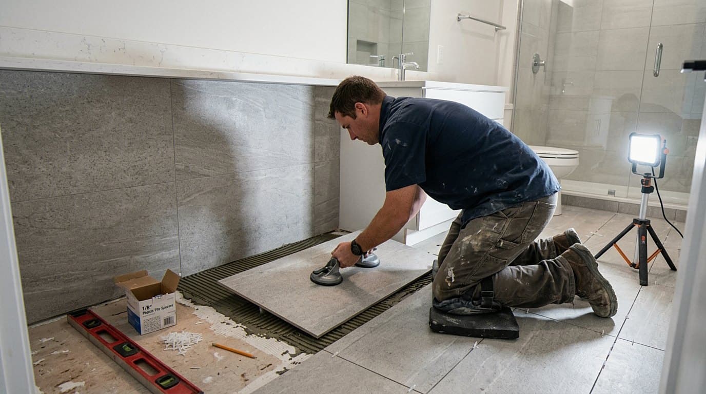 Installer setting floor tile beside a bathroom vanity