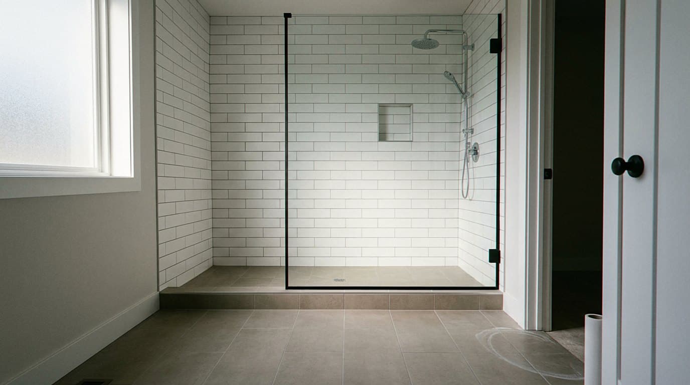 Bright walk-in shower with white subway tile and niche