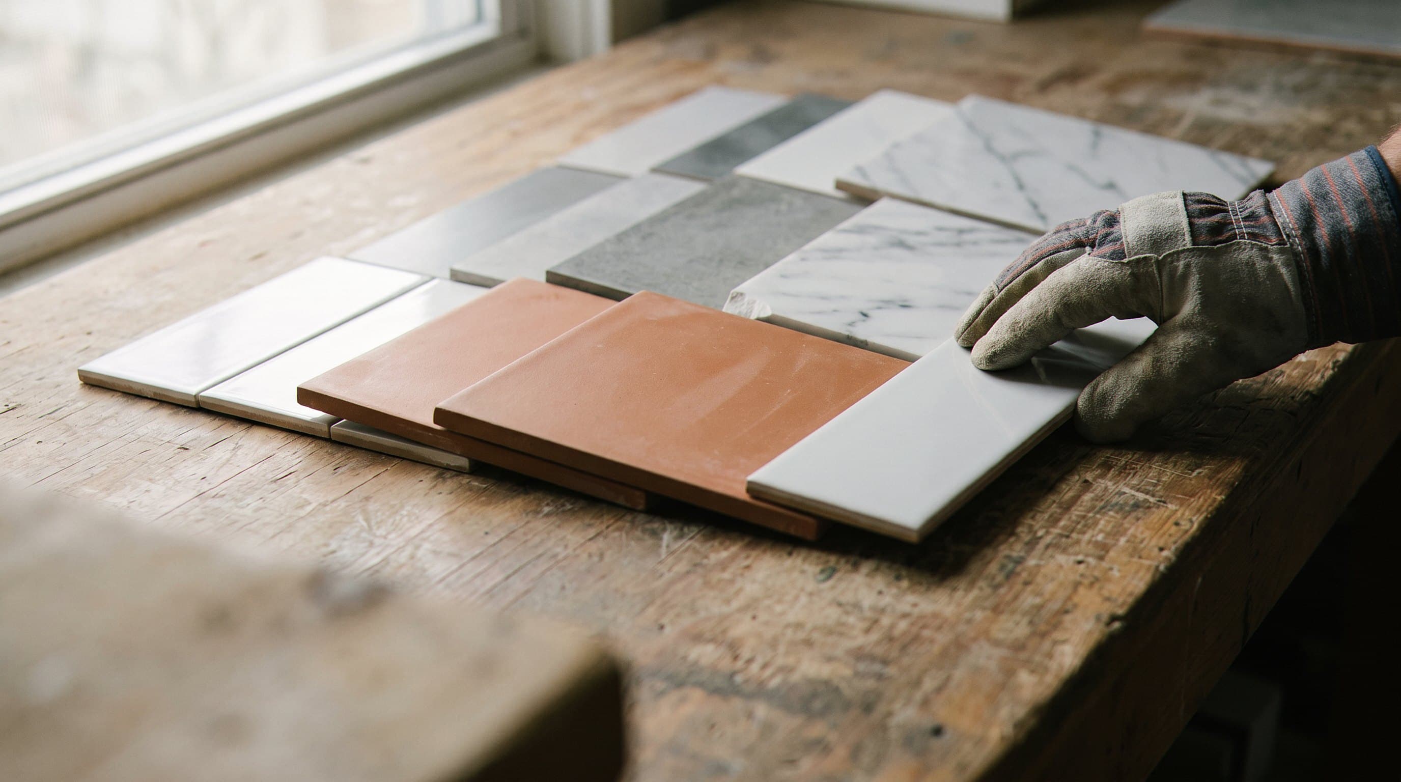 Hand arranging tile samples on a workbench