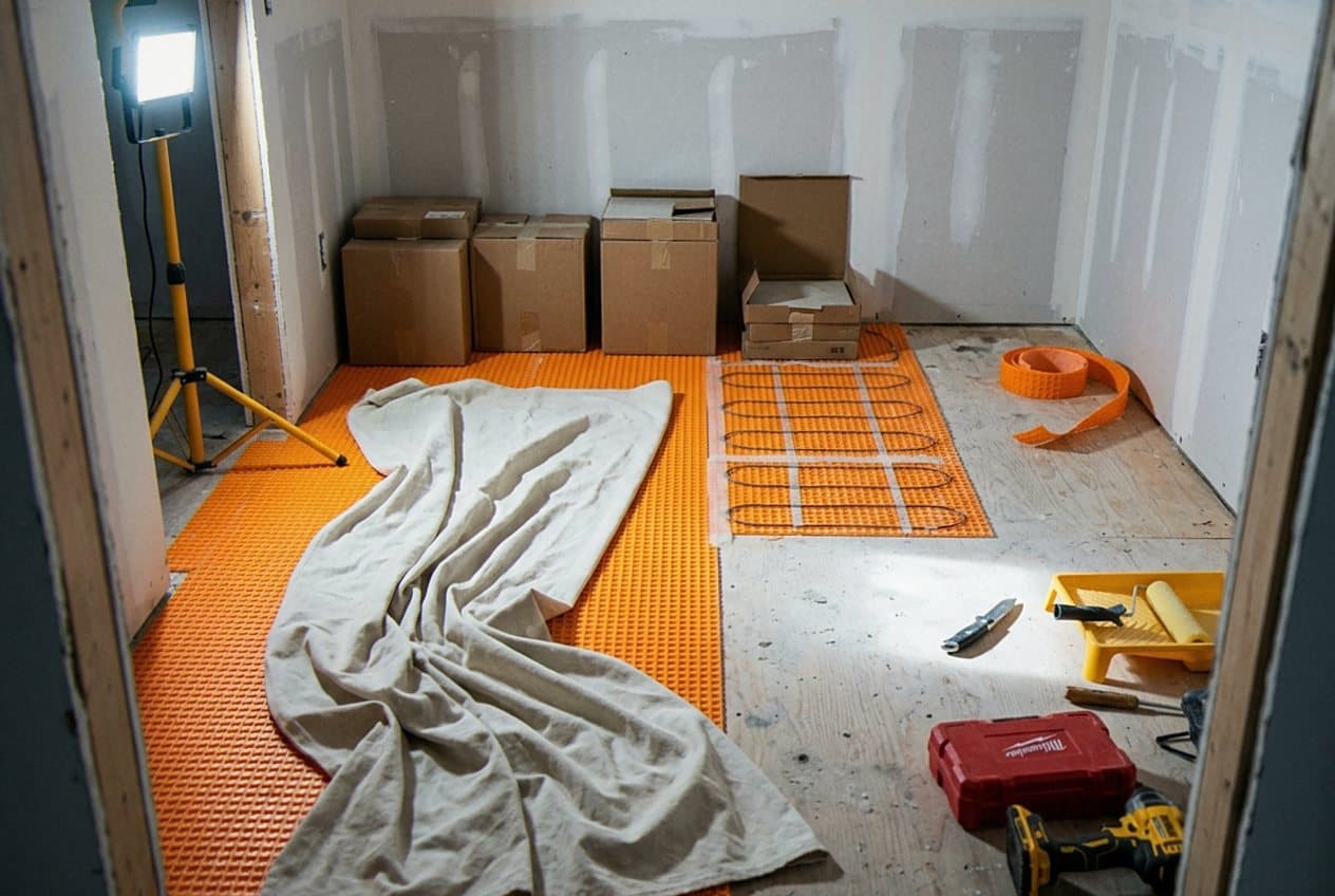 Radiant heat mat installed under a bathroom subfloor