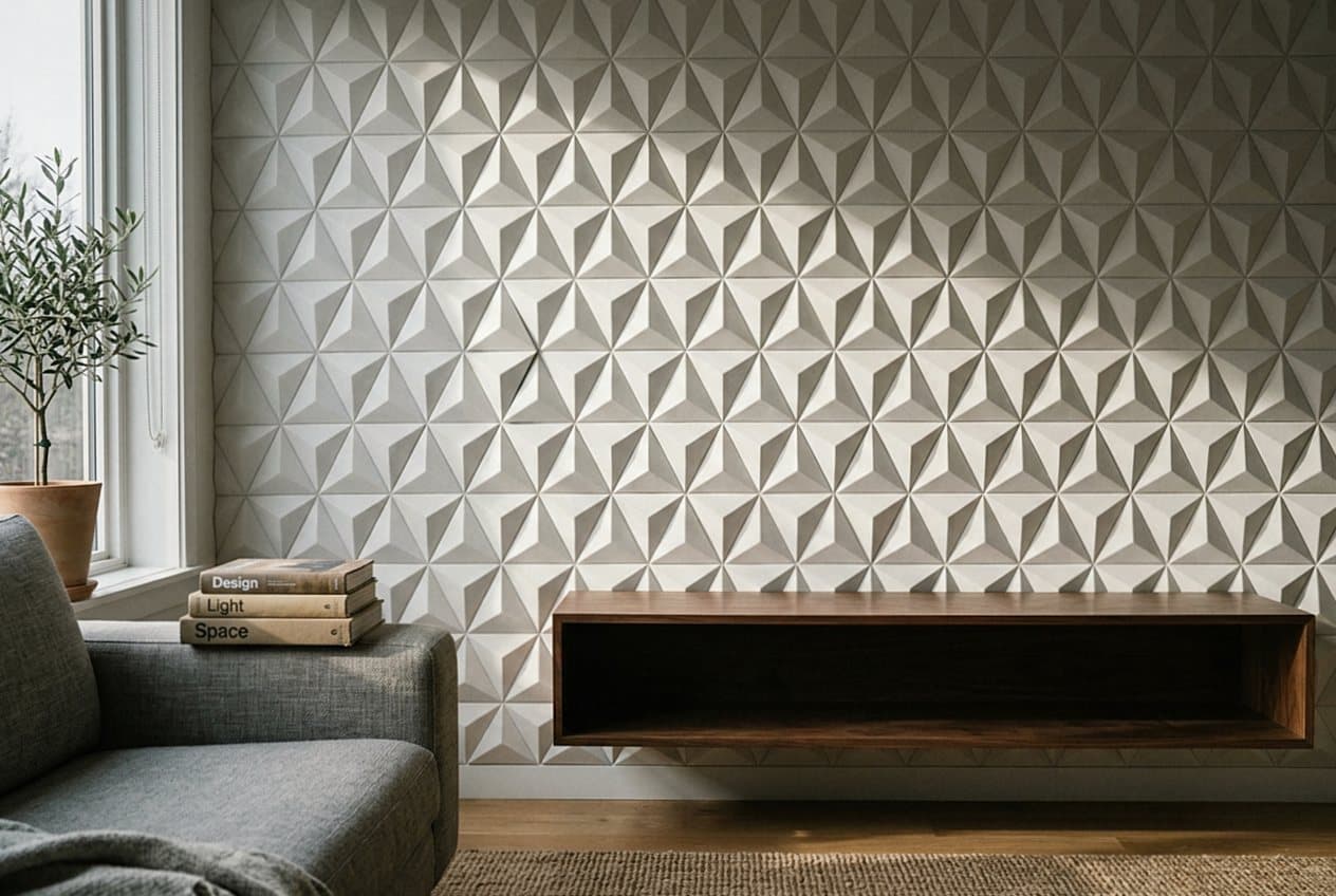Geometric white tile feature wall behind a console