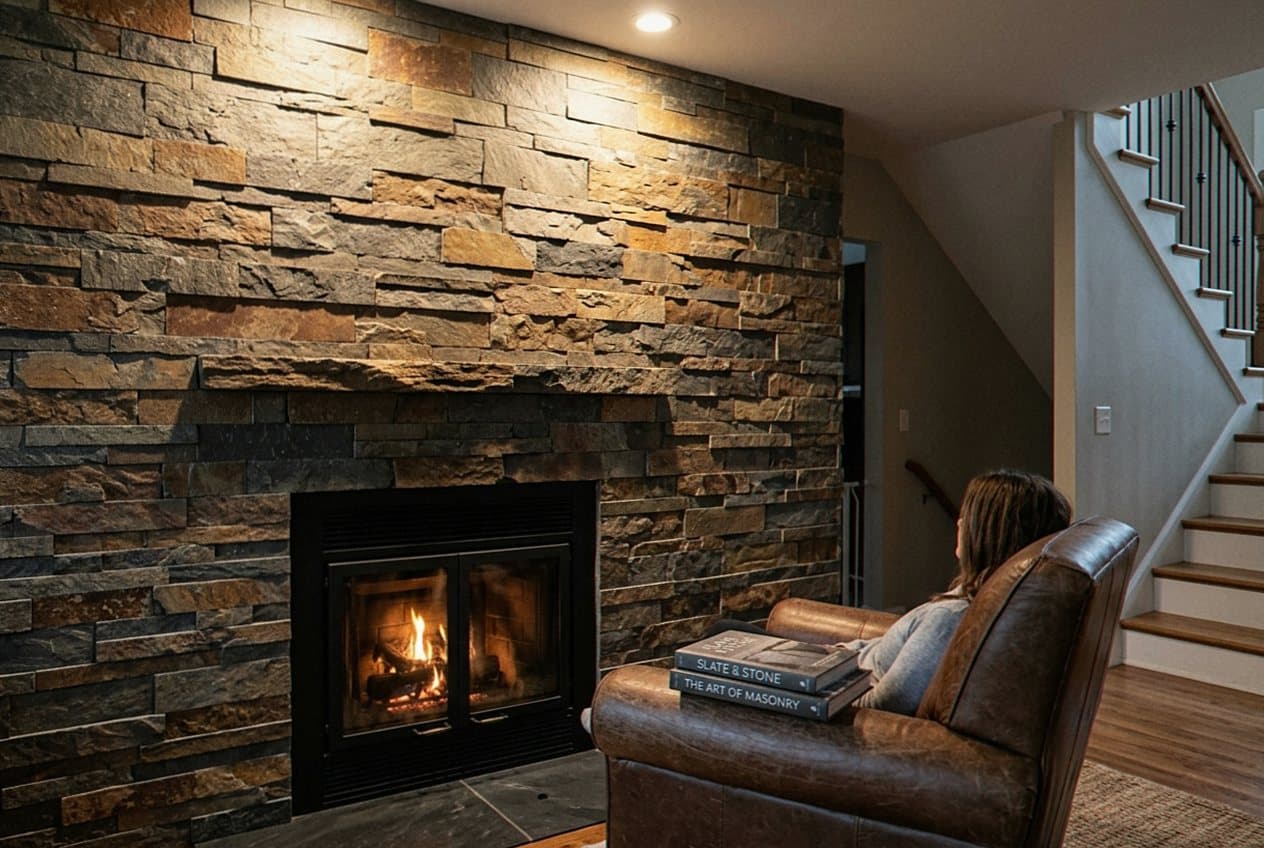 Stacked stone slate fireplace wall with a lit fire