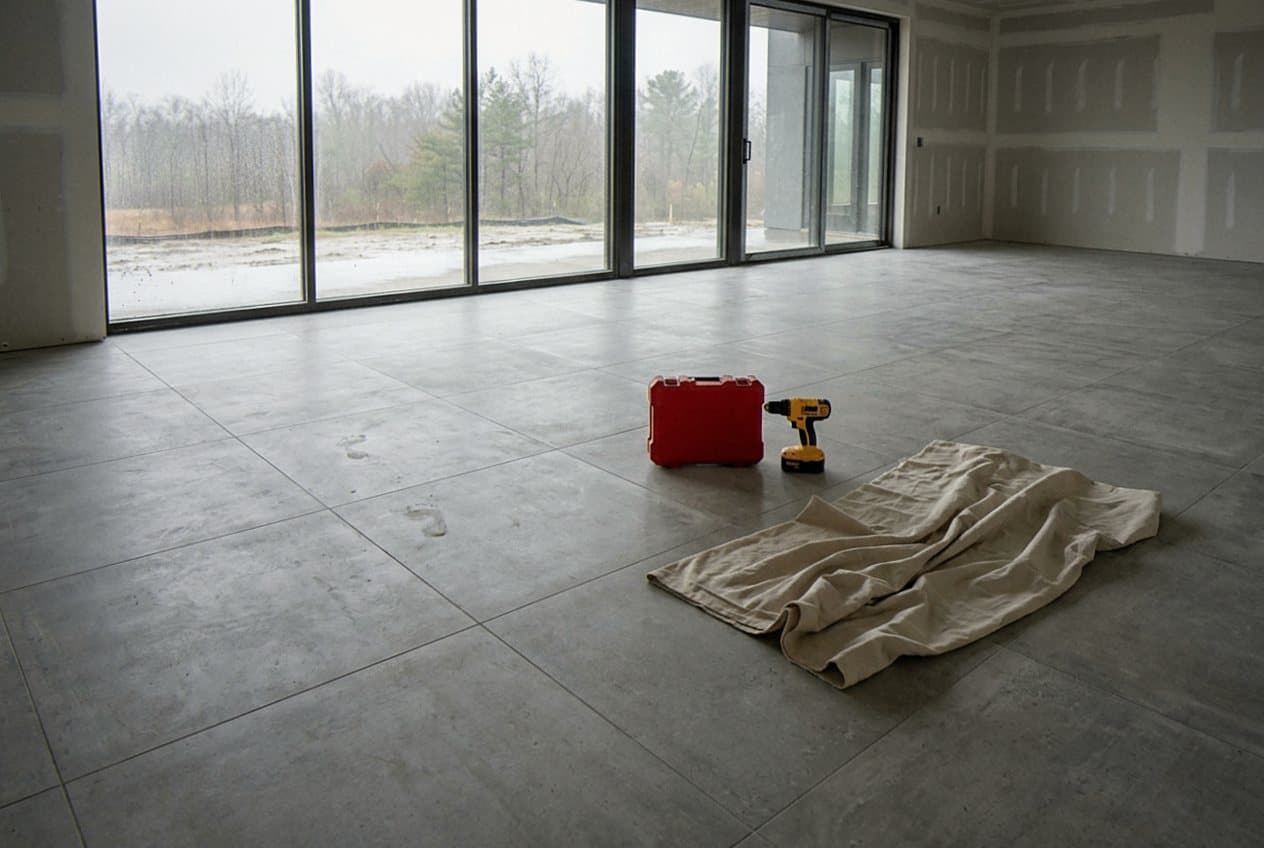 Large gray porcelain floor tile in an empty room