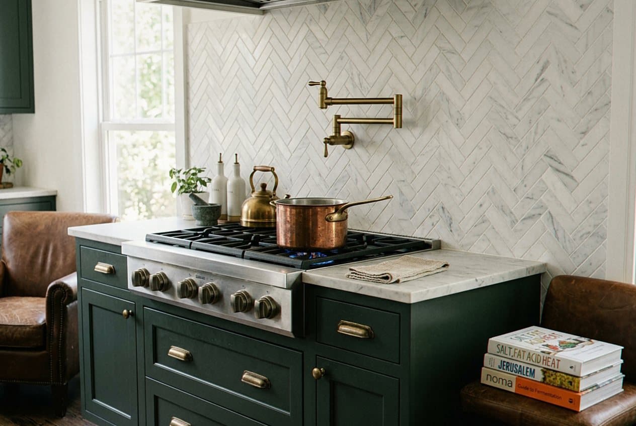White marble herringbone backsplash with a pot filler