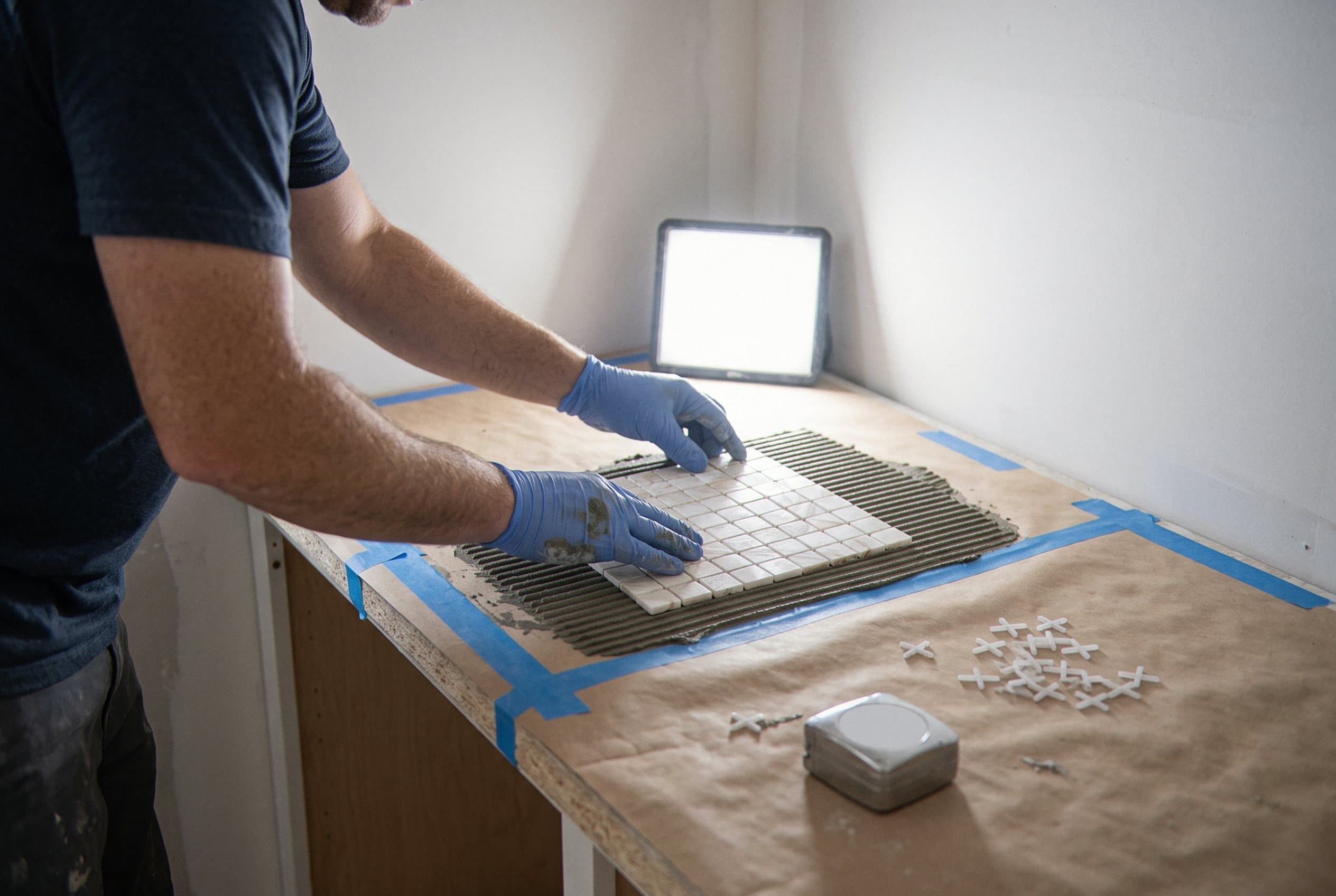 Setting small mosaic tile on a taped counter