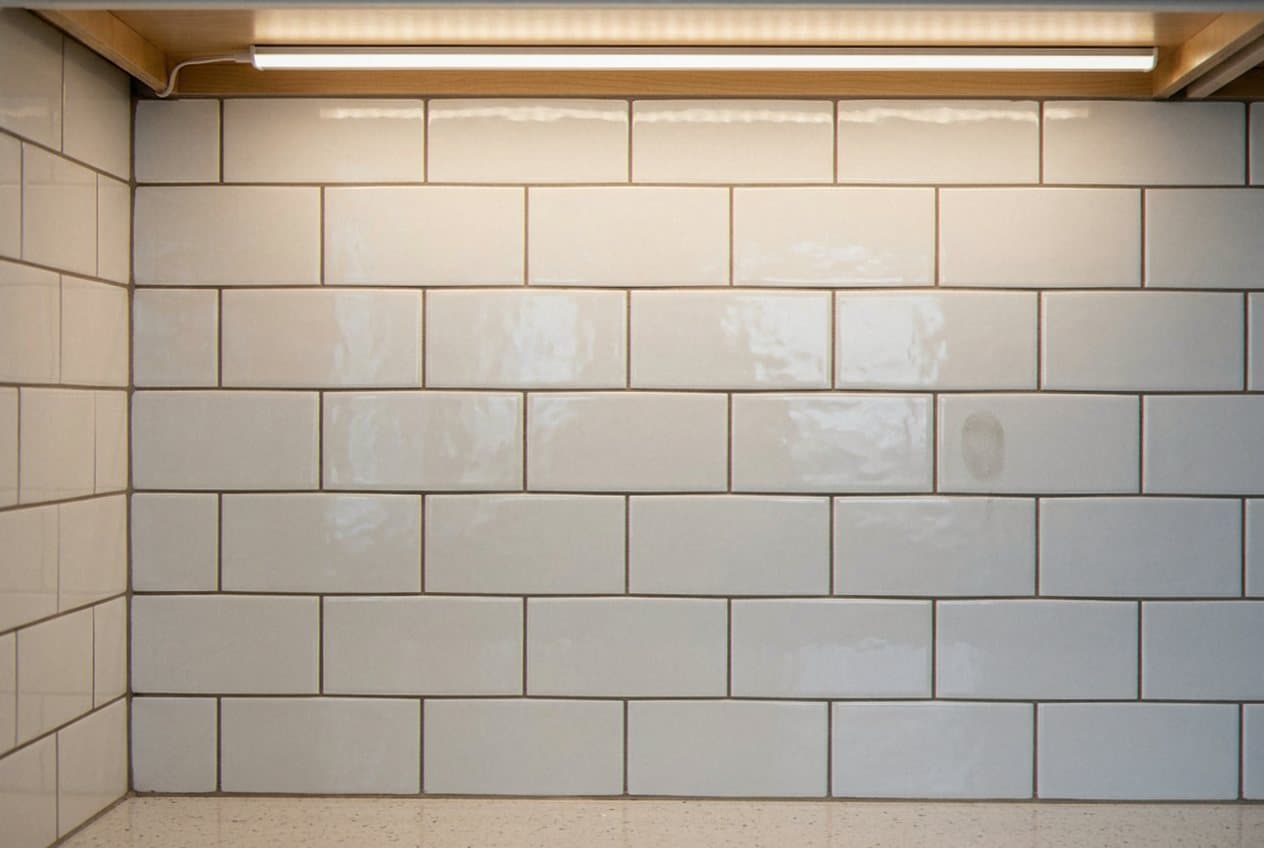 White subway tile wall under cabinet lighting