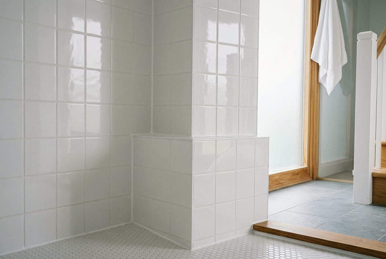 Resealed white tile shower corner beside a doorway