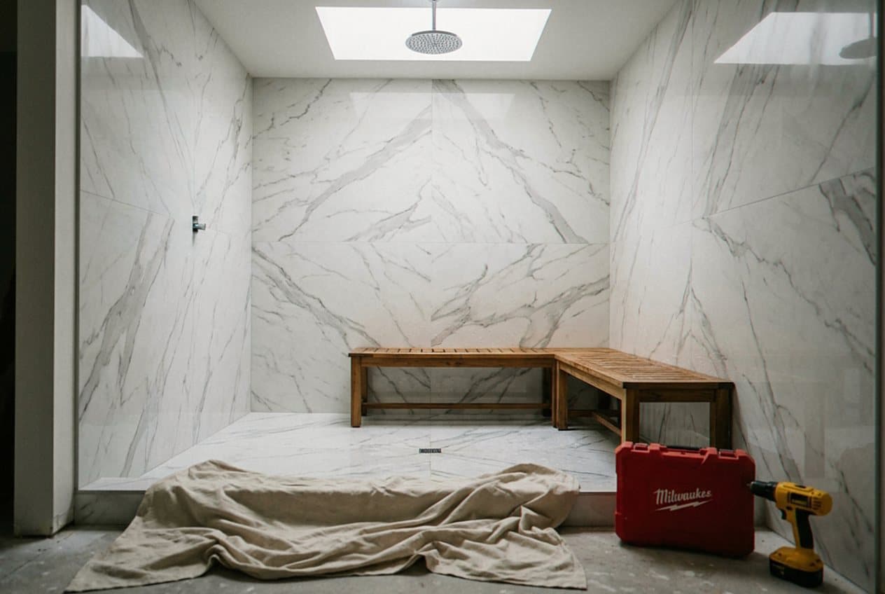 Marble wet room with skylight and built-in wood bench