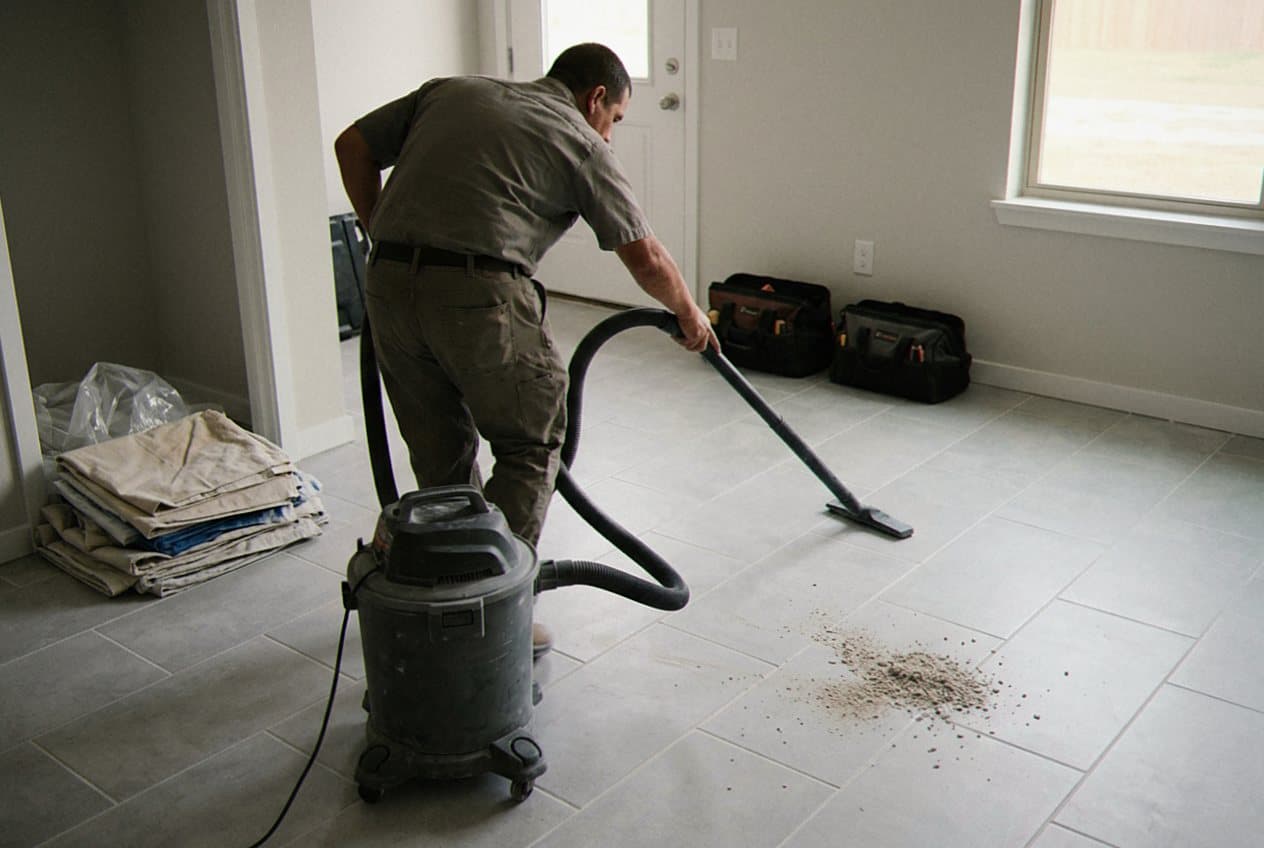 Worker vacuuming dust off a new tile floor