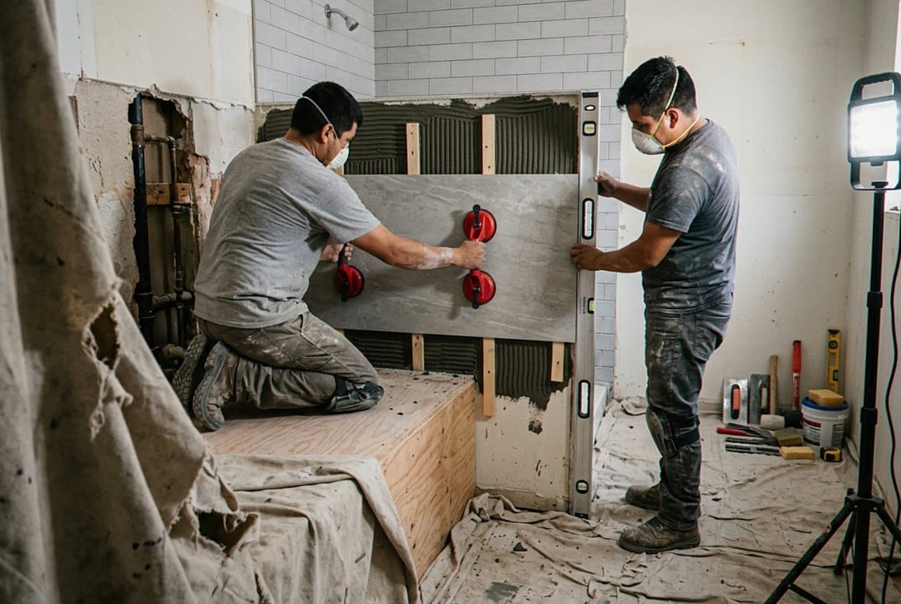 Two installers setting a large tile wall panel