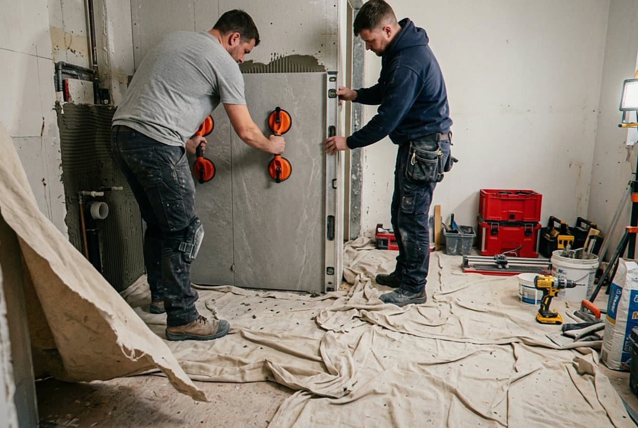 Two installers leveling a large tile wall panel